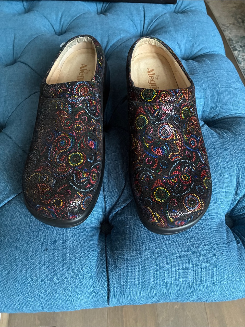 Alegria Multicolor Dot Swirl Clogs on Black